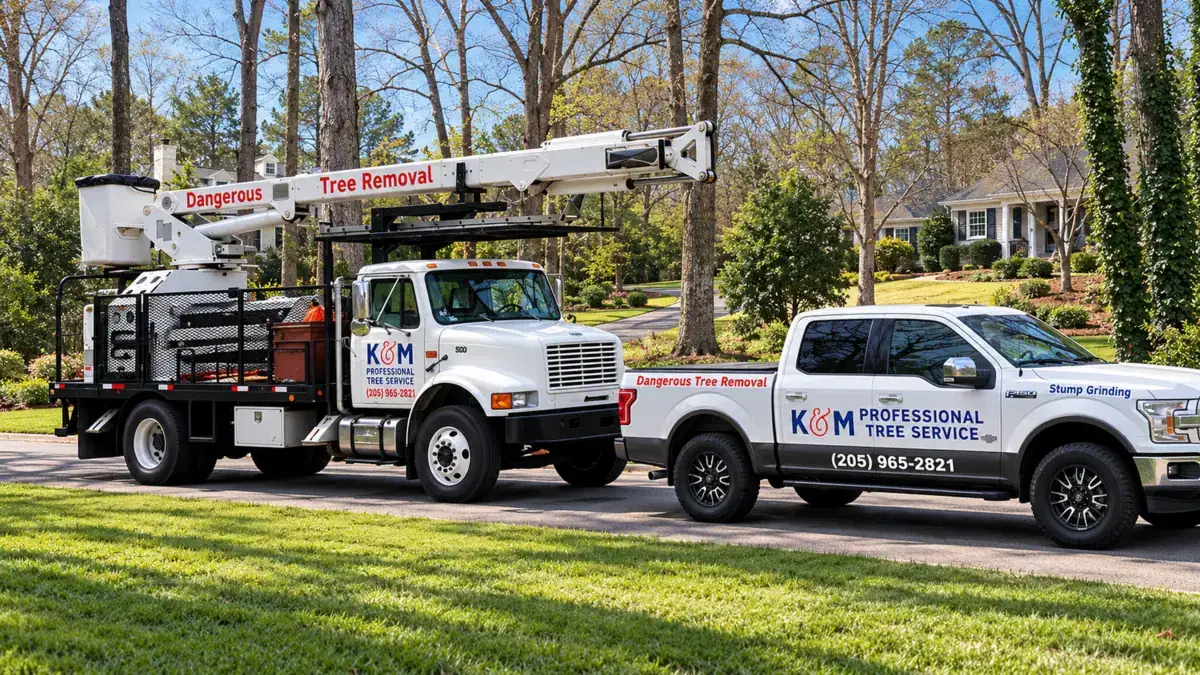 K&M Professional Tree Service bucket truck and pickup lettered for dangerous tree removal and stump grinding