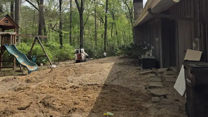 Backyard cleared of trees and brush down to bare ground