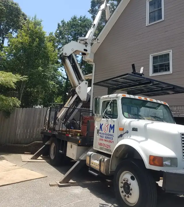 K&M Professional Tree Service bucket truck set up beside a two-story house
